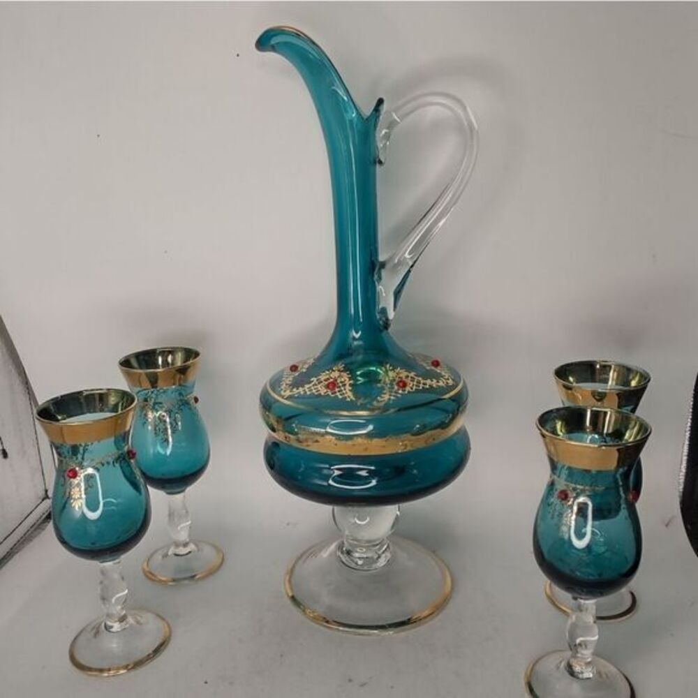 Vintage Italian Murano venetian blue 24k gold‎ 5 piece decanter set